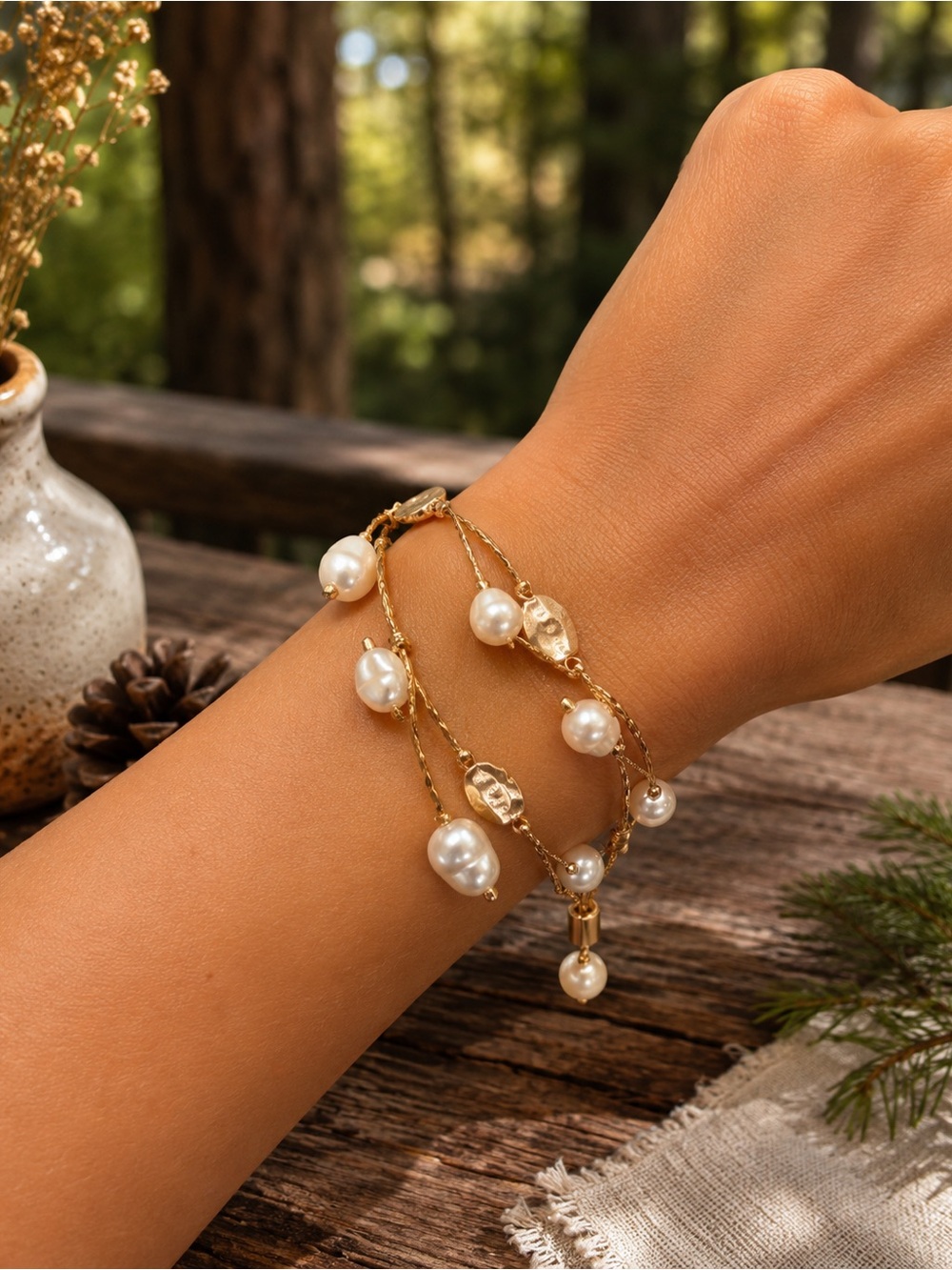 Gold Pearl Beaded Adjustable Bracelet